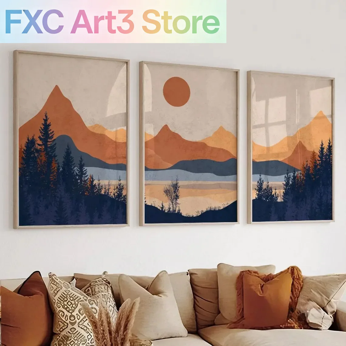 Abstract Canvas Set - 3 stks/set frameloze, terracotta blauwe minimalistische