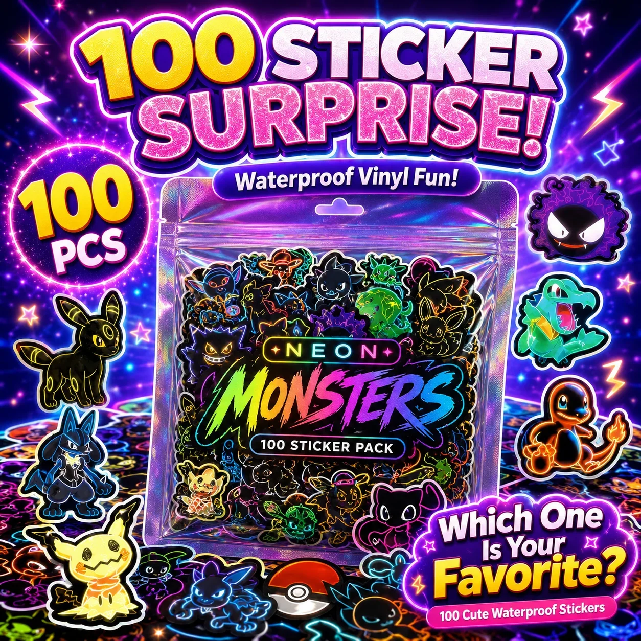 Wall Sticker - 100 stuks neon Pokémon-stickers, waterbestendig, voor